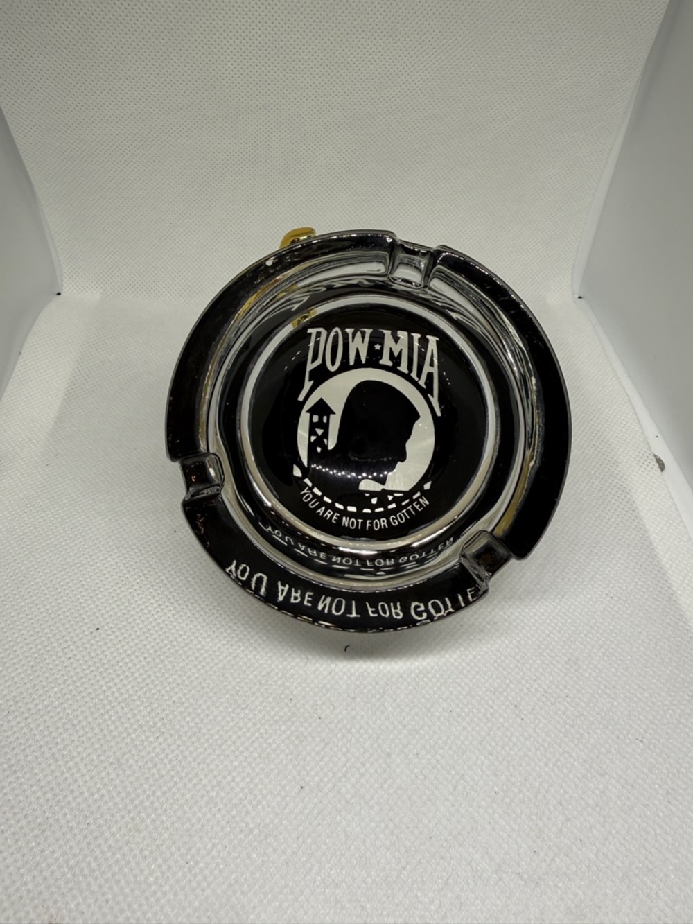 POW MIA Ashtray Trinket Dish Black Glass.